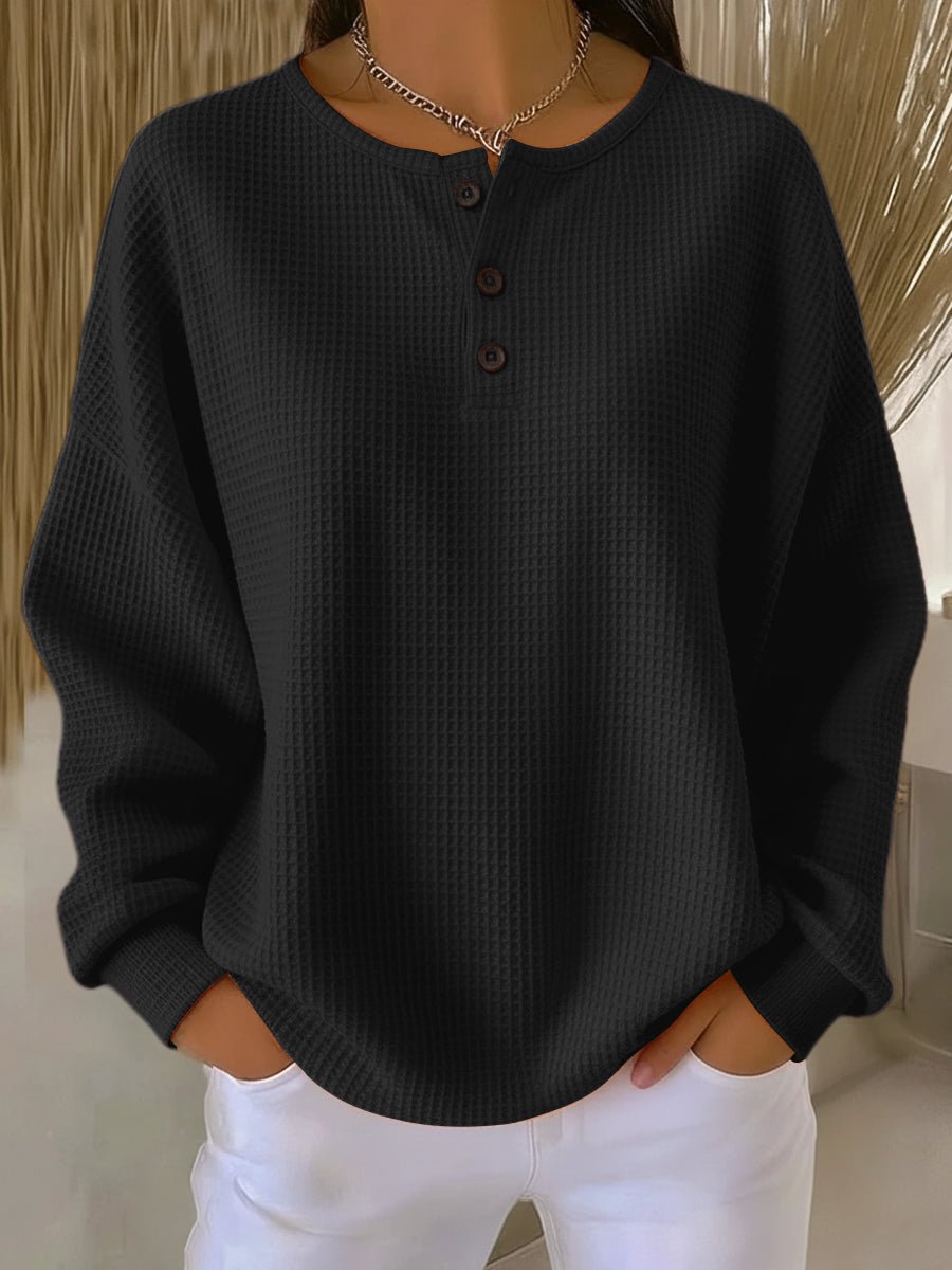 Damen Waffelstrick Henley Knit Sweater Langarm Oversize Pullover - Schwarz