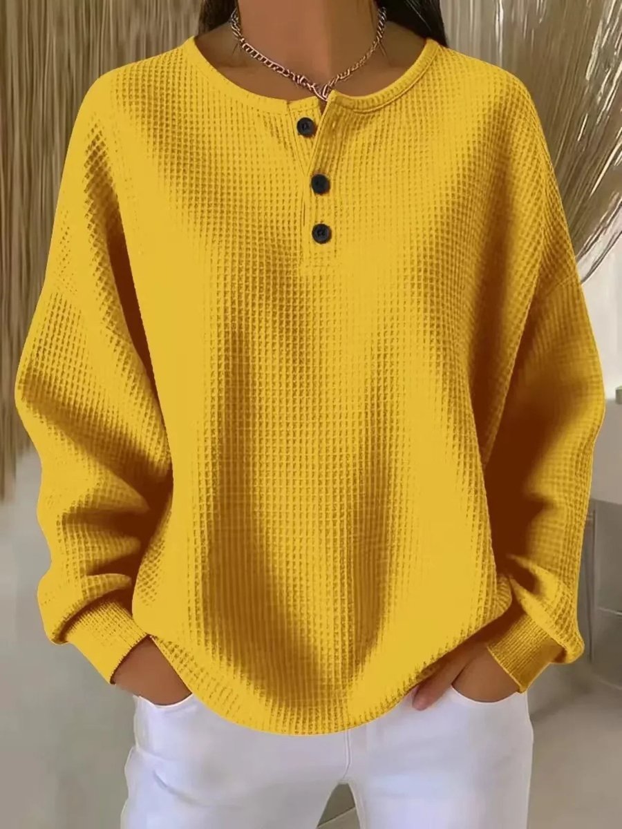Damen Waffelstrick Henley Knit Sweater Langarm Oversize Pullover - Gelb