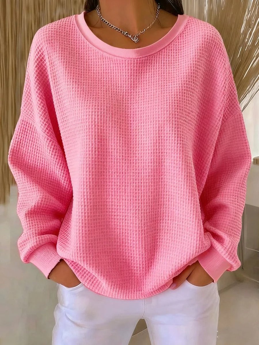 Damen Waffelstrick Oversize Langarm Rundhals Pullover - Rosa