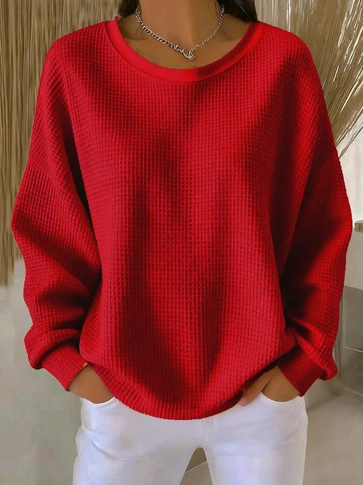 Damen Waffelstrick Oversize Langarm Rundhals Pullover - Rot