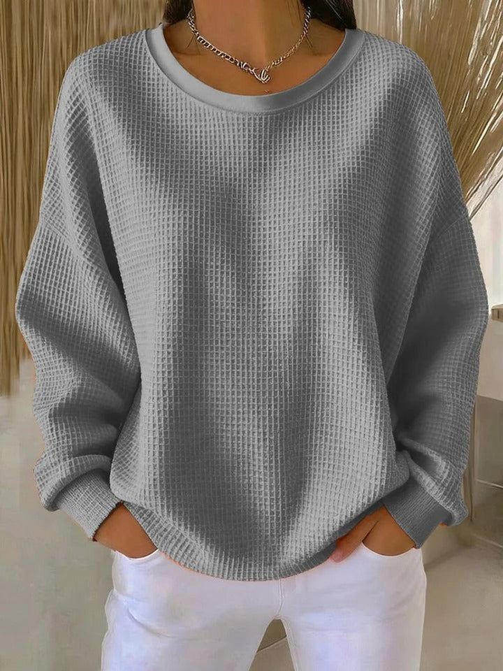 Damen Waffelstrick Oversize Langarm Rundhals Pullover - Grau