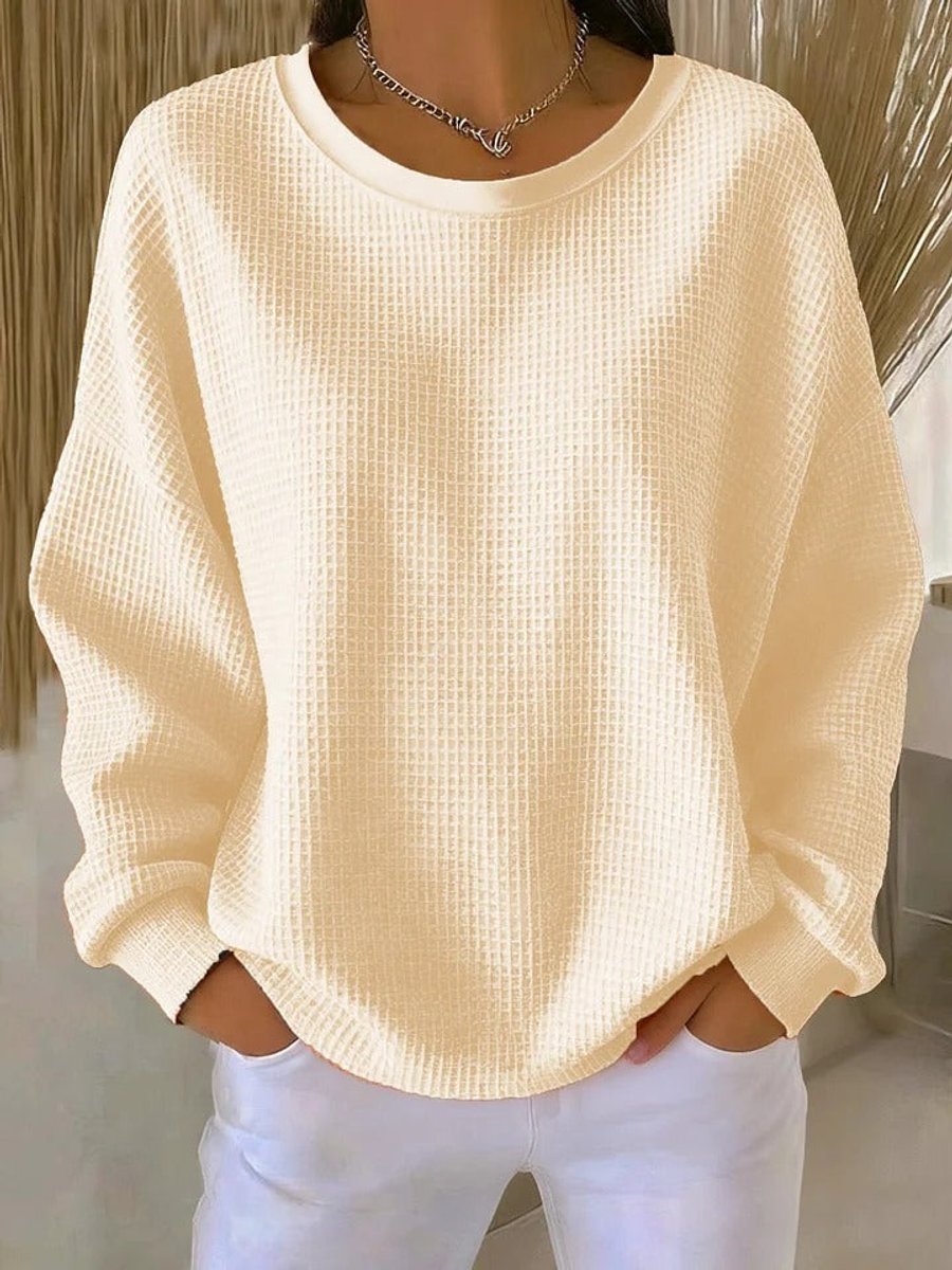 Damen Waffelstrick Oversize Langarm Rundhals Pullover - Aprikose