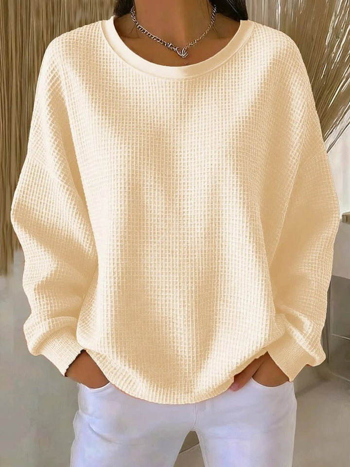 Damen Waffelstrick Oversize Langarm Rundhals Pullover - Aprikose