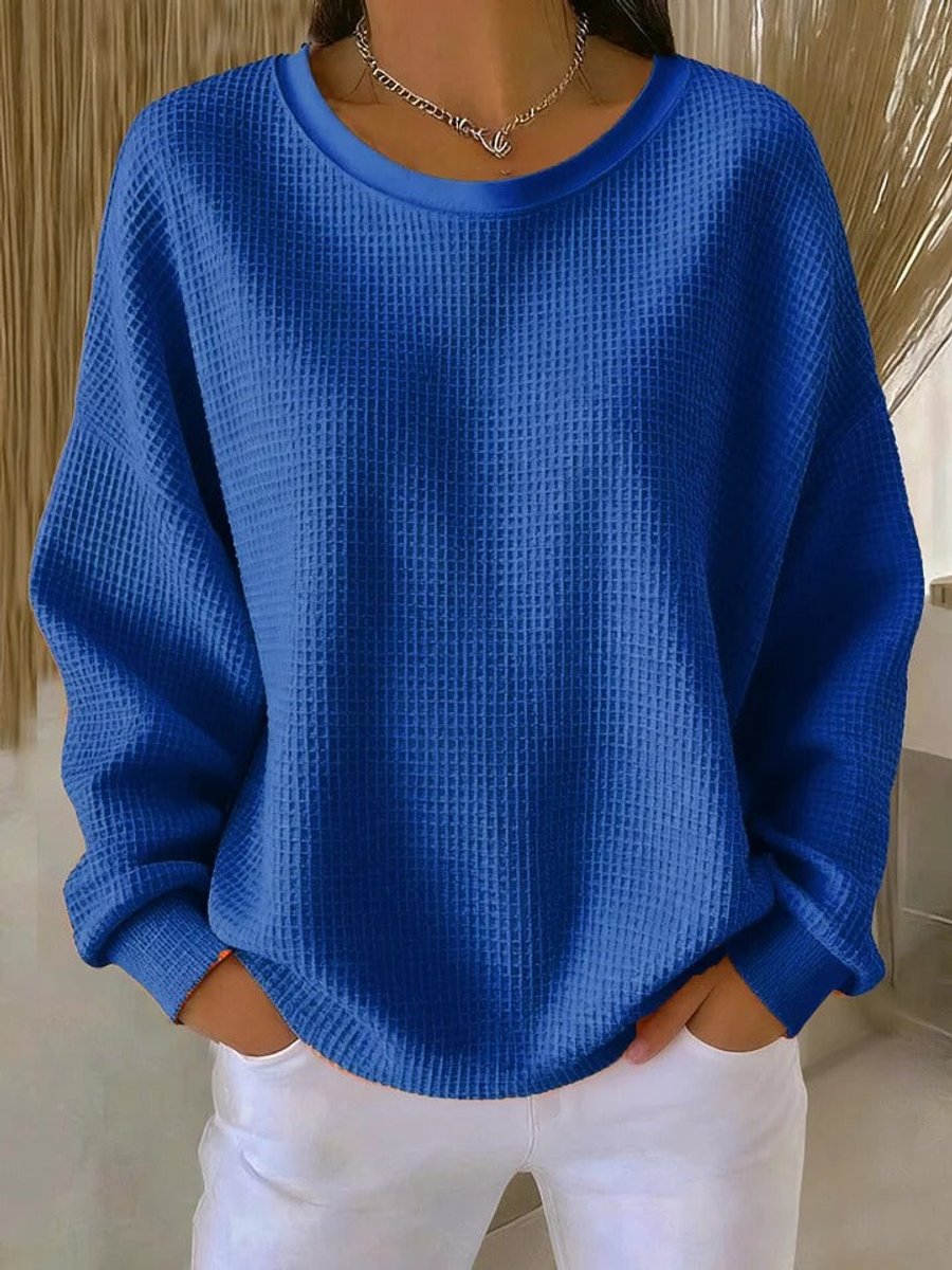 Damen Waffelstrick Oversize Langarm Rundhals Pullover - Blau