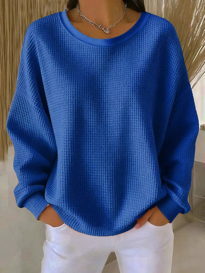 Damen Waffelstrick Oversize Langarm Rundhals Pullover - Blau