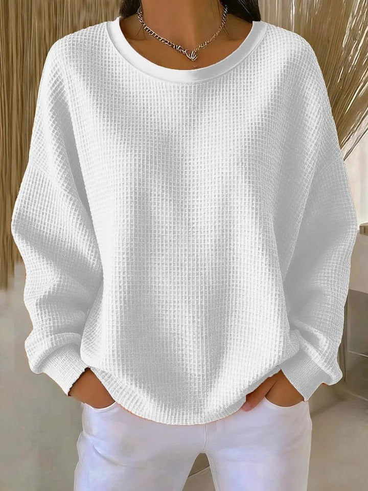 Damen Waffelstrick Oversize Langarm Rundhals Pullover - Weiß