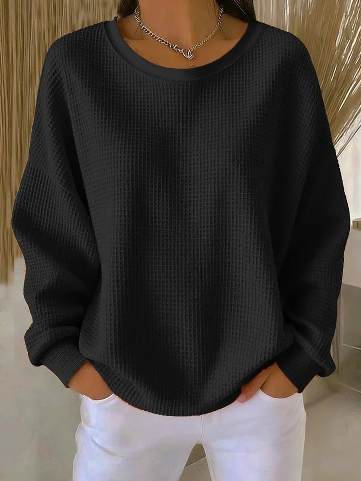 Damen Waffelstrick Oversize Langarm Rundhals Pullover - Schwarz