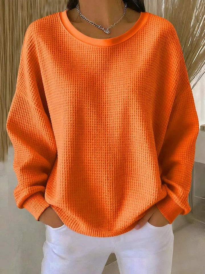 Damen Waffelstrick Oversize Langarm Rundhals Pullover - Orange