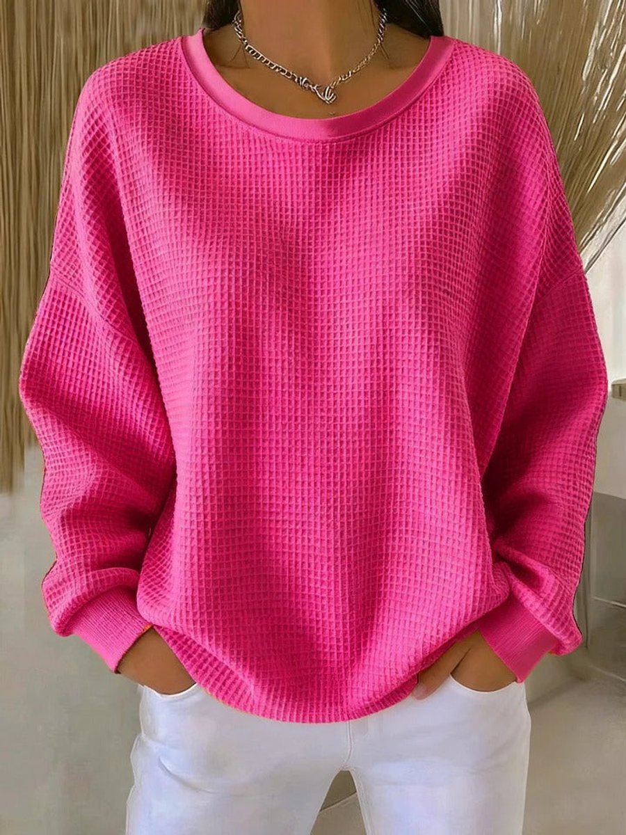 Damen Waffelstrick Oversize Langarm Rundhals Pullover - Leuchtendes Pink
