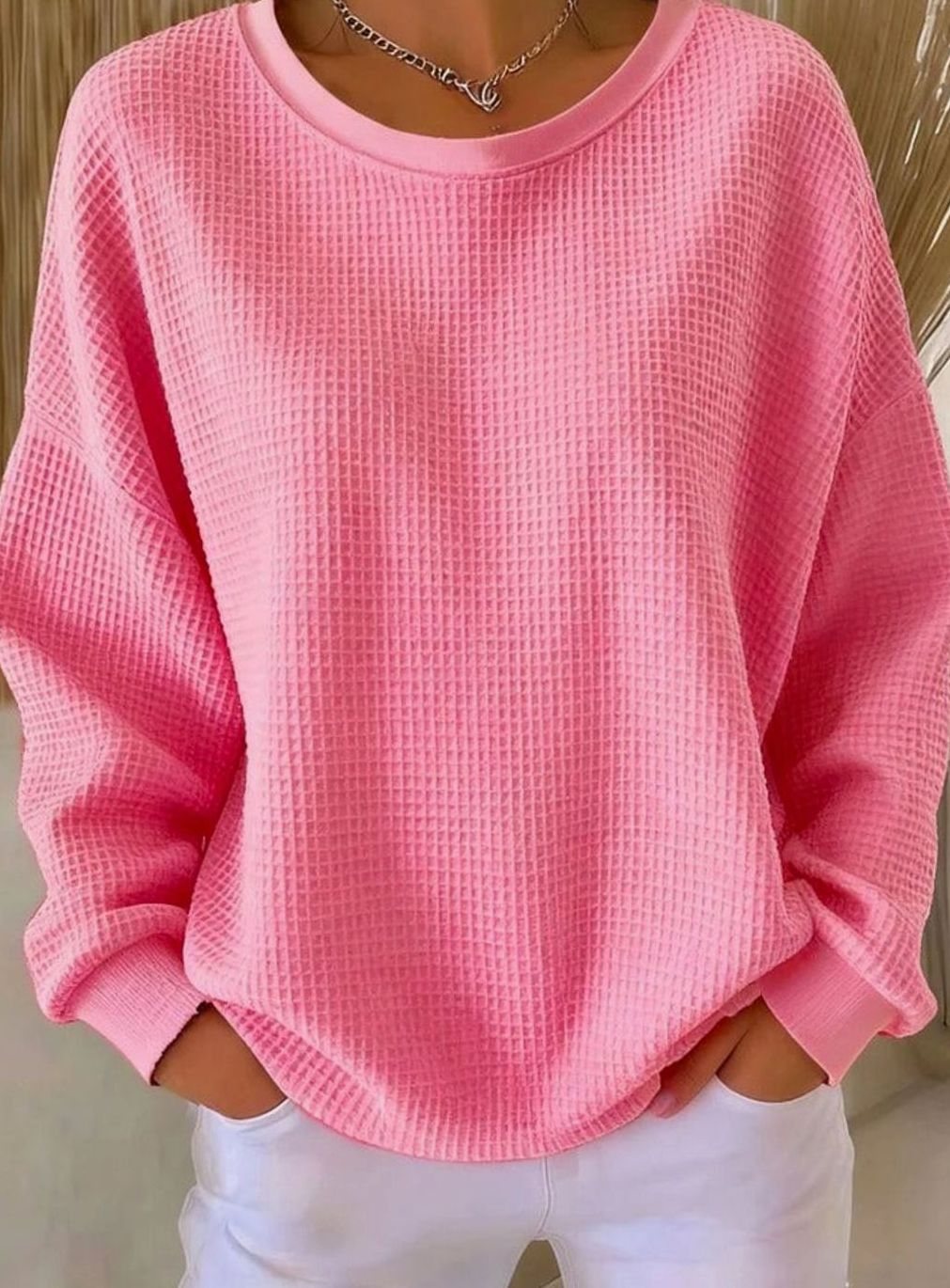 Damen Waffelstrick-Sweatshirt Relaxed Fit Rundhals Langarm - Rosa