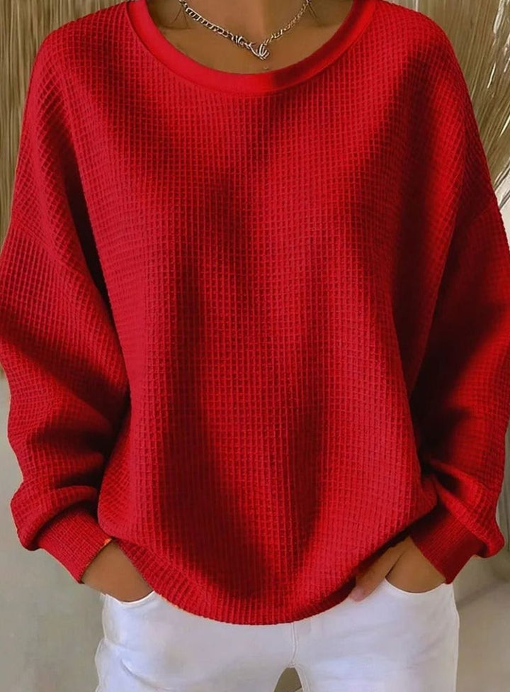 Damen Waffelstrick-Sweatshirt Relaxed Fit Rundhals Langarm - Rot