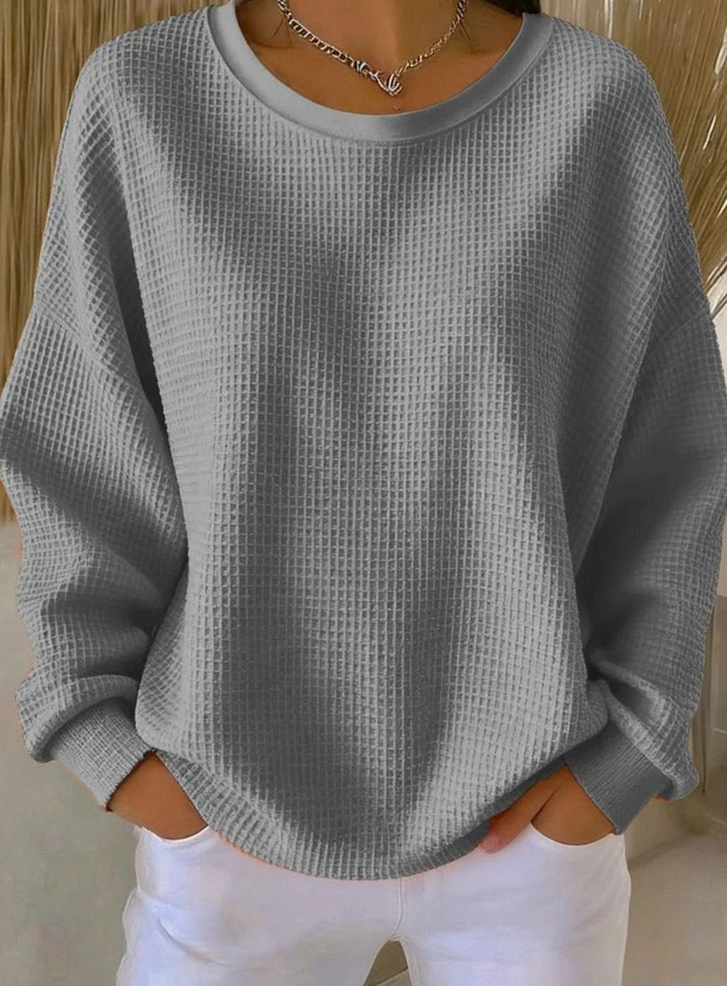 Damen Waffelstrick-Sweatshirt Relaxed Fit Rundhals Langarm - Grau