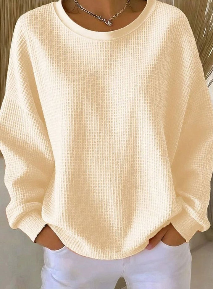 Damen Waffelstrick-Sweatshirt Relaxed Fit Rundhals Langarm - Aprikose