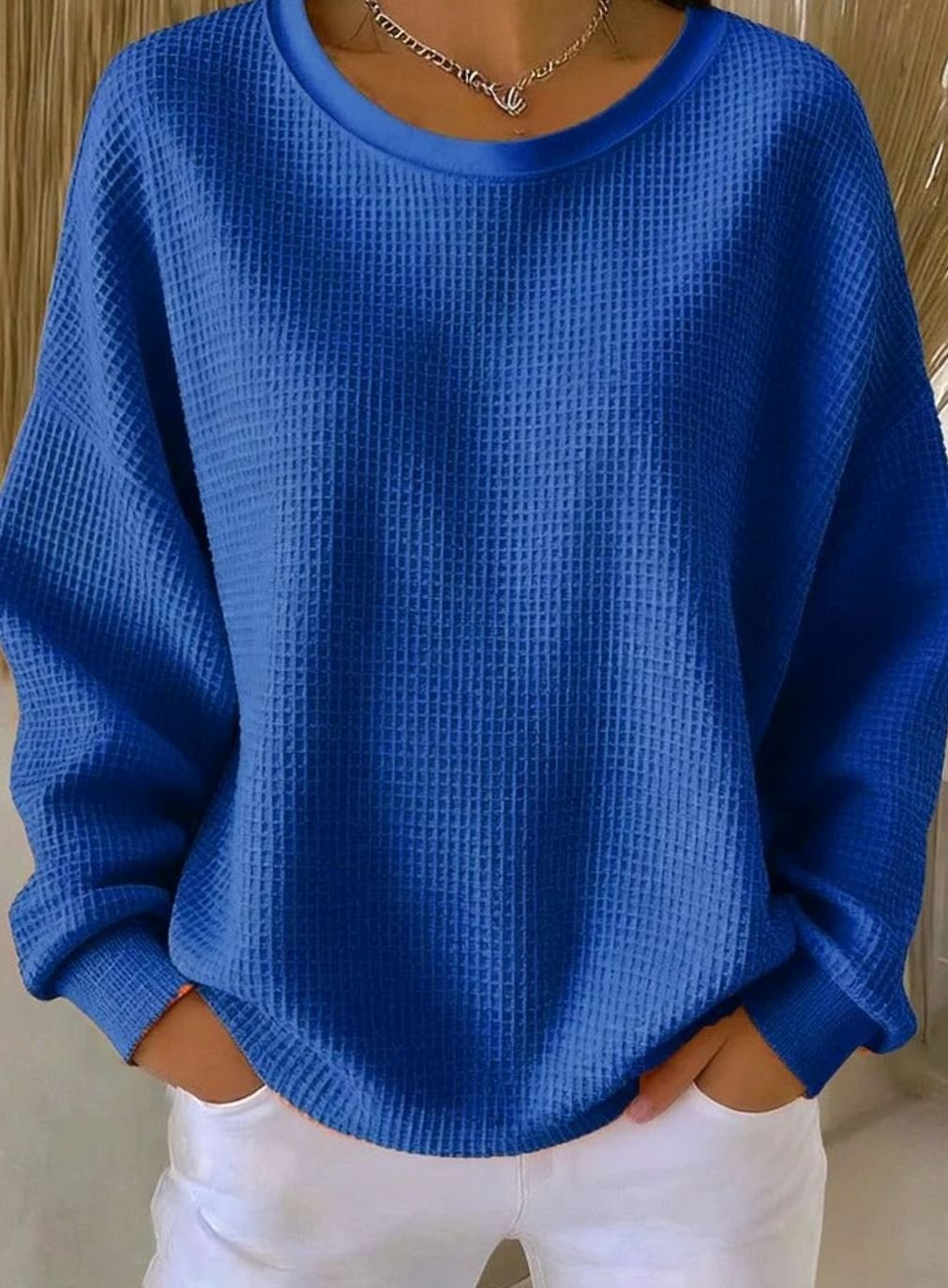 Damen Waffelstrick-Sweatshirt Relaxed Fit Rundhals Langarm - Blau