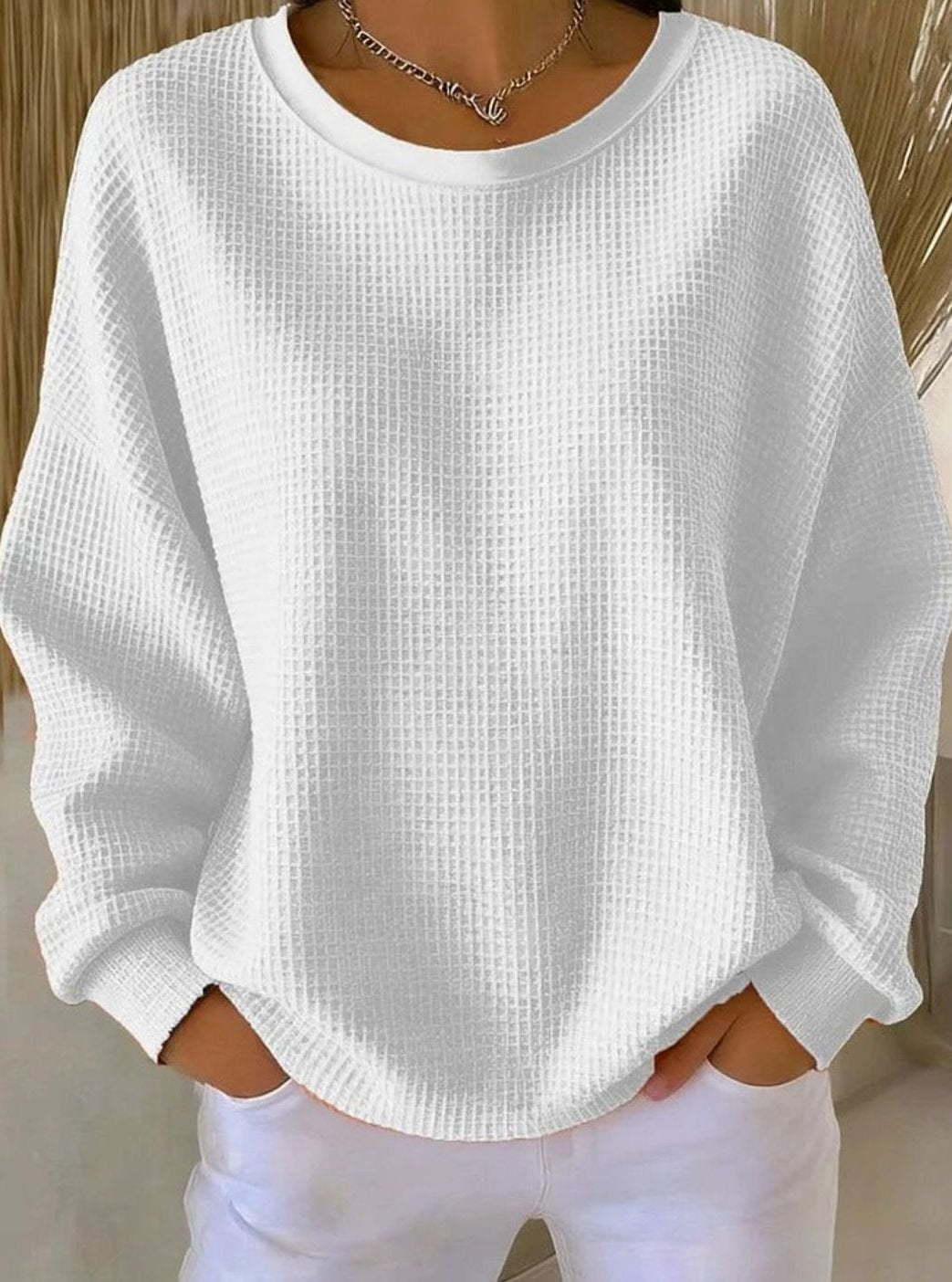 Damen Waffelstrick-Sweatshirt Relaxed Fit Rundhals Langarm - Weiß