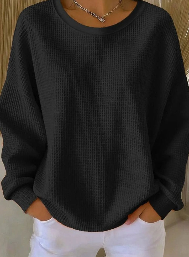 Damen Waffelstrick-Sweatshirt Relaxed Fit Rundhals Langarm - Schwarz