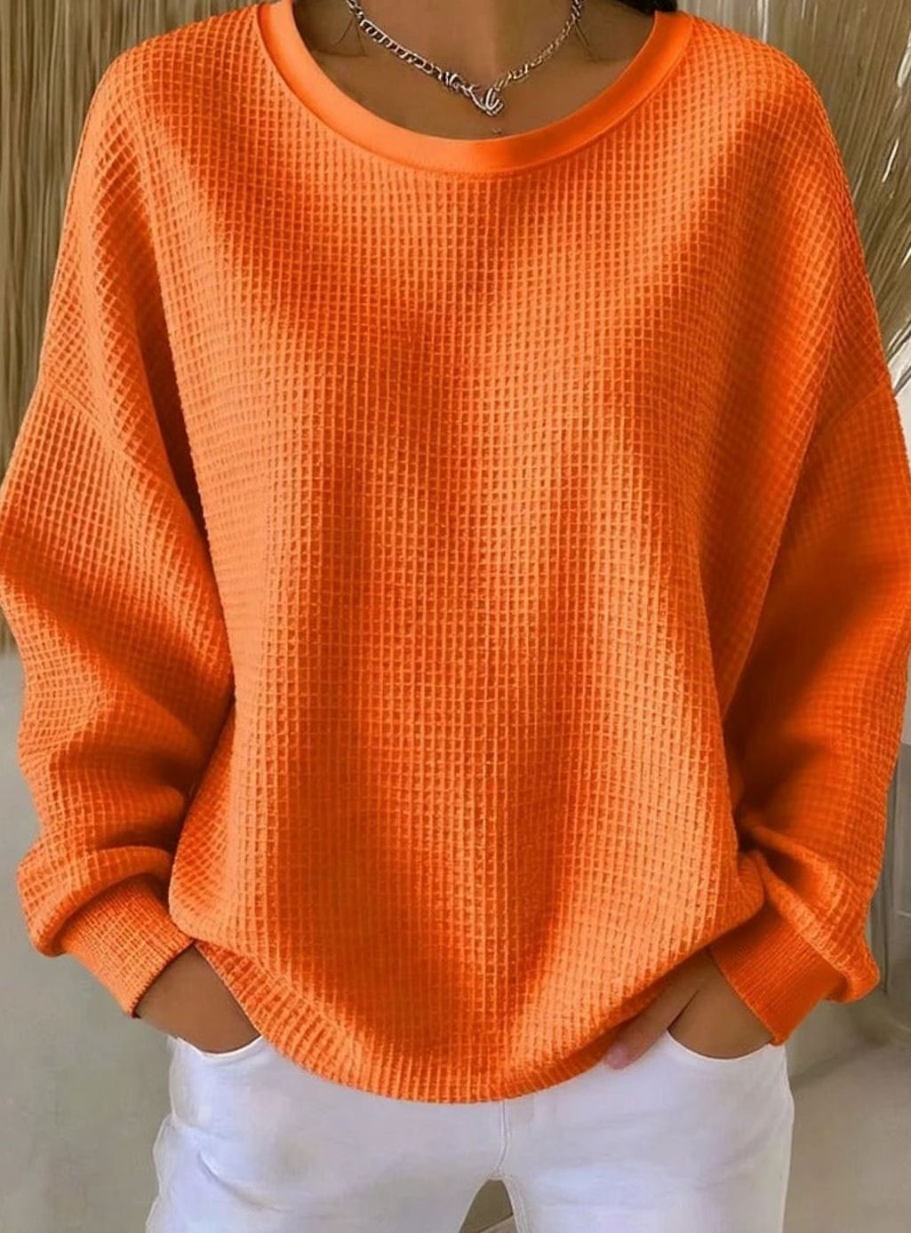Damen Waffelstrick-Sweatshirt Relaxed Fit Rundhals Langarm - Orange