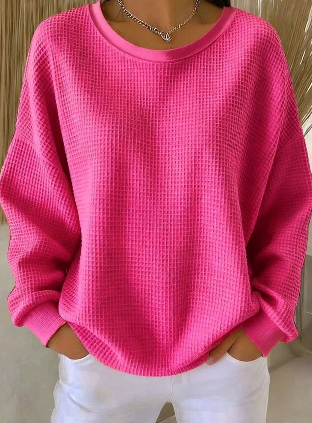 Damen Waffelstrick-Sweatshirt Relaxed Fit Rundhals Langarm - Leuchtendes Pink