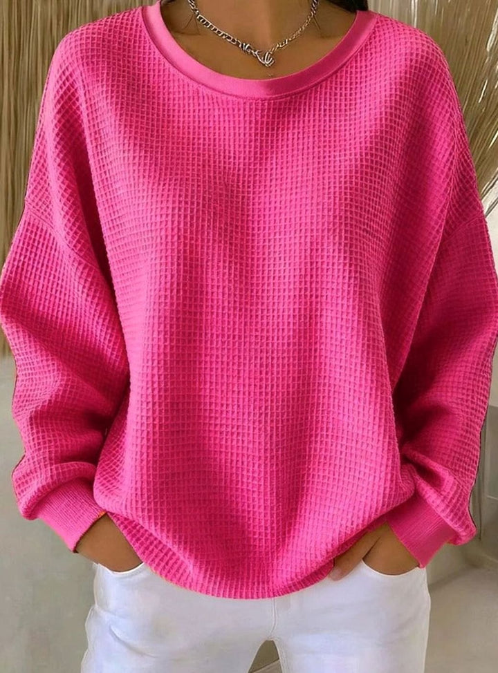 Damen Waffelstrick-Sweatshirt Relaxed Fit Rundhals Langarm - Leuchtendes Pink