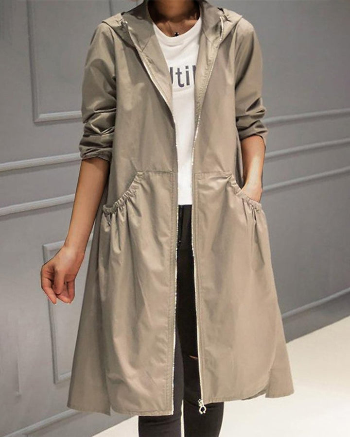 Damen Wasserabweisender Langer Kapuzen-Trenchcoat aus Polyester - Khaki