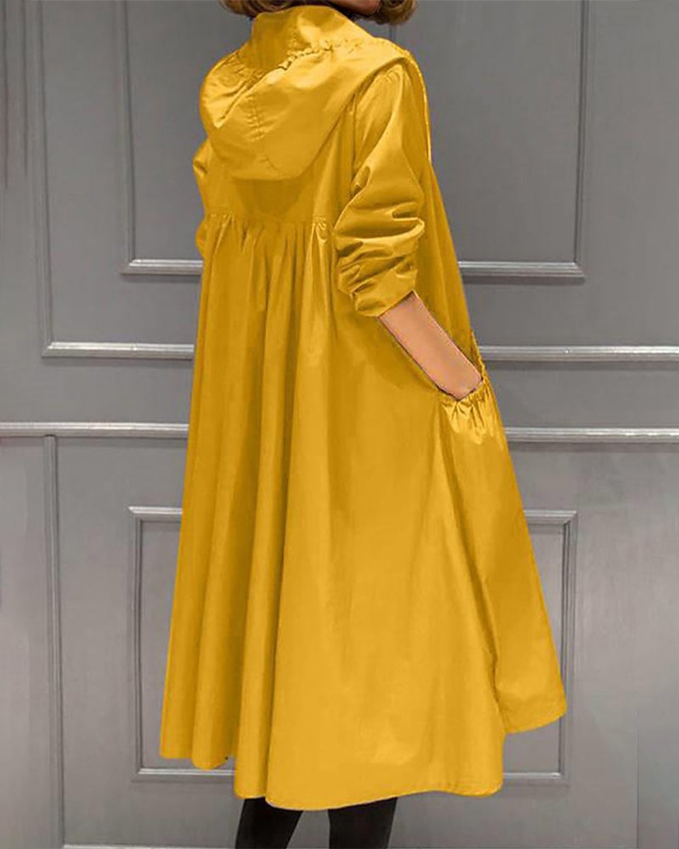 Damen Wasserabweisender Langer Kapuzen-Trenchcoat aus Polyester - Gelb