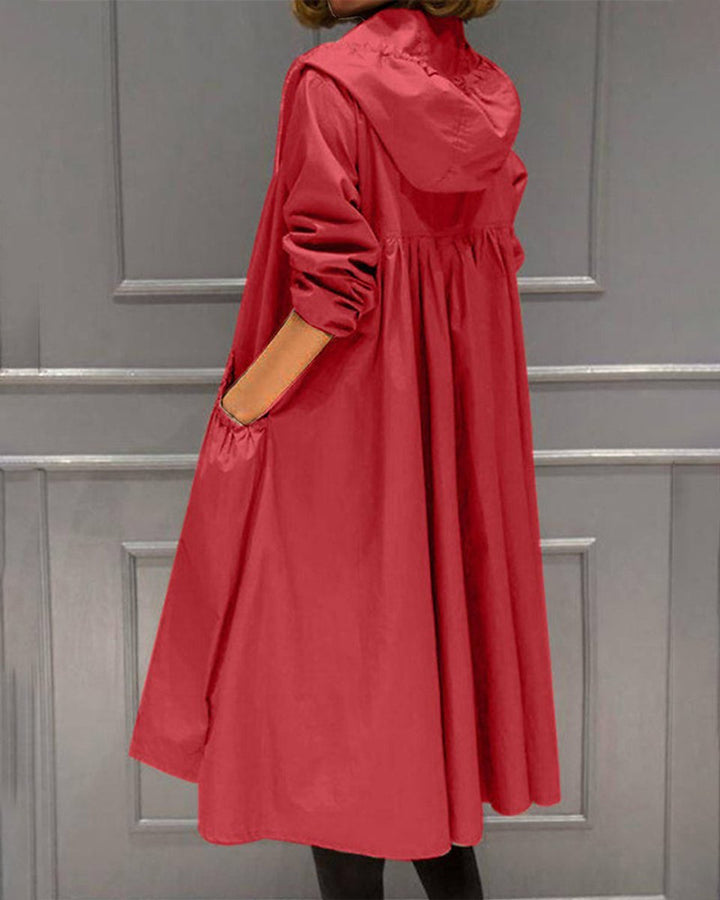Damen Wasserabweisender Langer Kapuzen-Trenchcoat aus Polyester - Rot