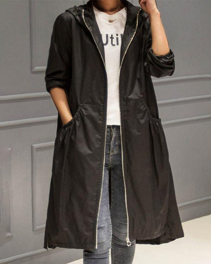 Damen Wasserabweisender Langer Kapuzen-Trenchcoat aus Polyester - Schwarz