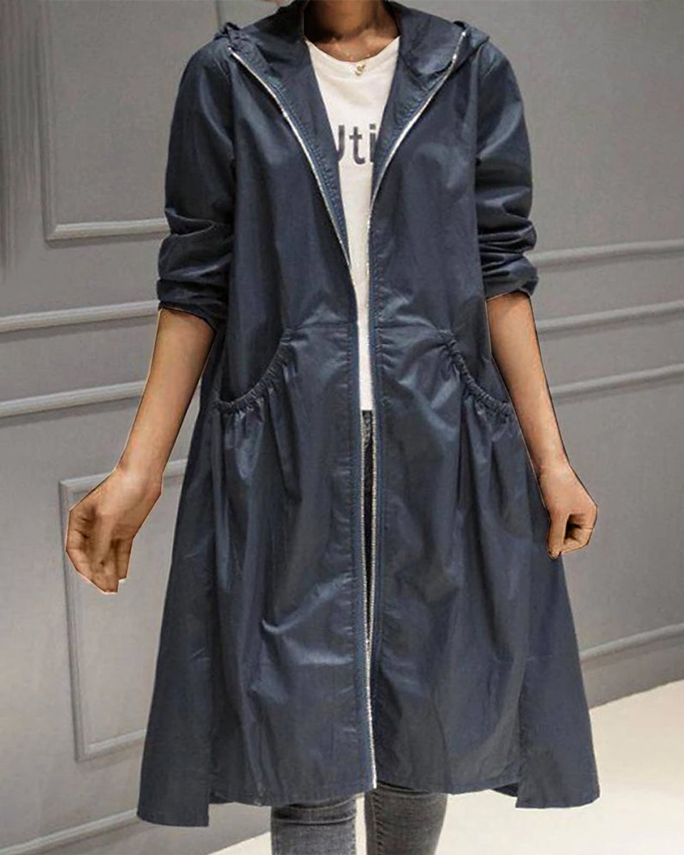 Damen Wasserabweisender Langer Kapuzen-Trenchcoat aus Polyester - Marineblau