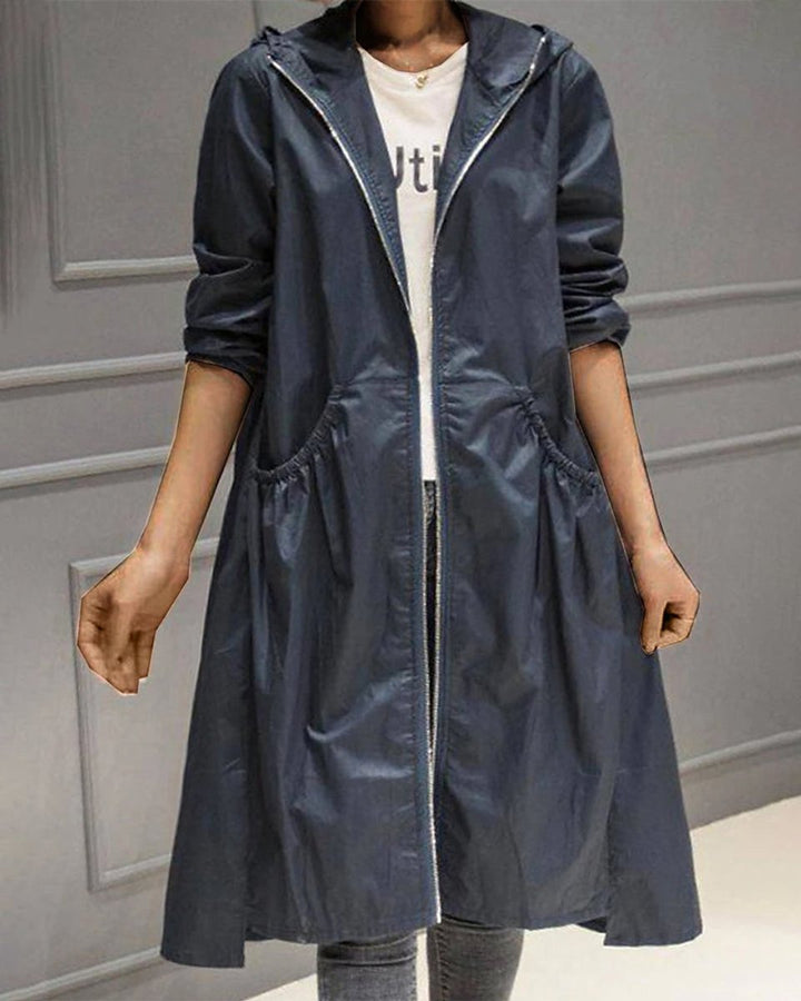 Damen Wasserabweisender Langer Kapuzen-Trenchcoat aus Polyester - Marineblau