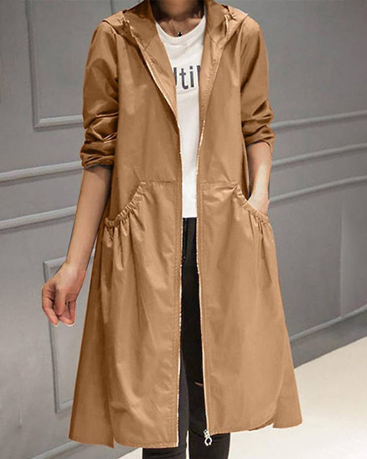 Damen Wasserabweisender Langer Kapuzen-Trenchcoat aus Polyester - Braun
