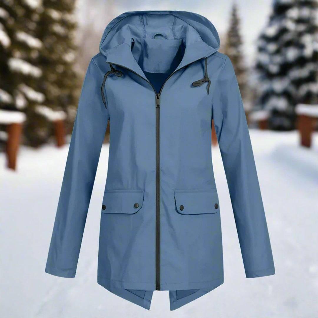 Damen Wasserdichte Kapuzen-Regenjacke mit Reißverschluss Taschen - Blau