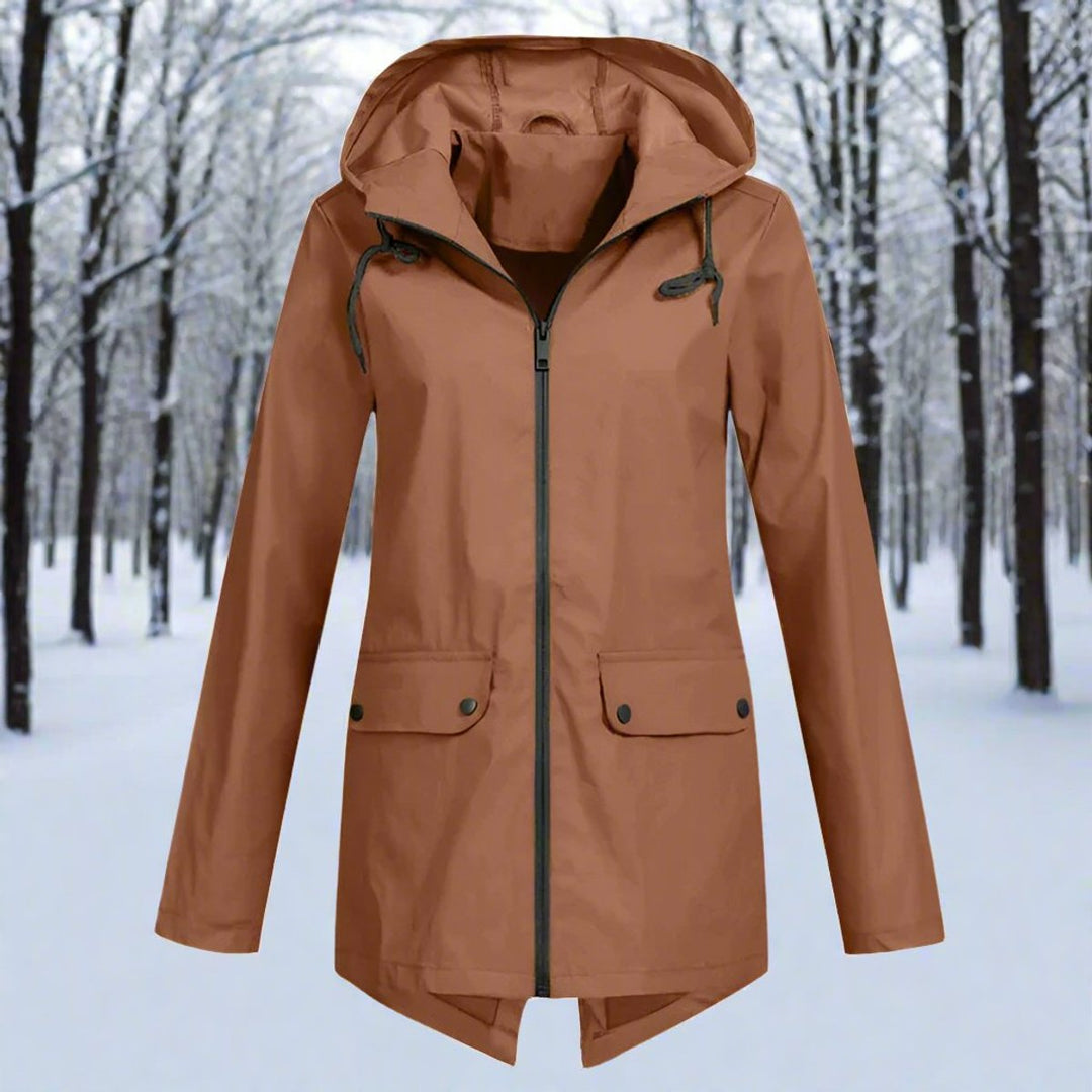 Damen Wasserdichte Kapuzen-Regenjacke mit Reißverschluss Taschen - Kaffee