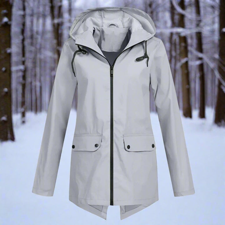 Damen Wasserdichte Kapuzen-Regenjacke mit Reißverschluss Taschen - Grau