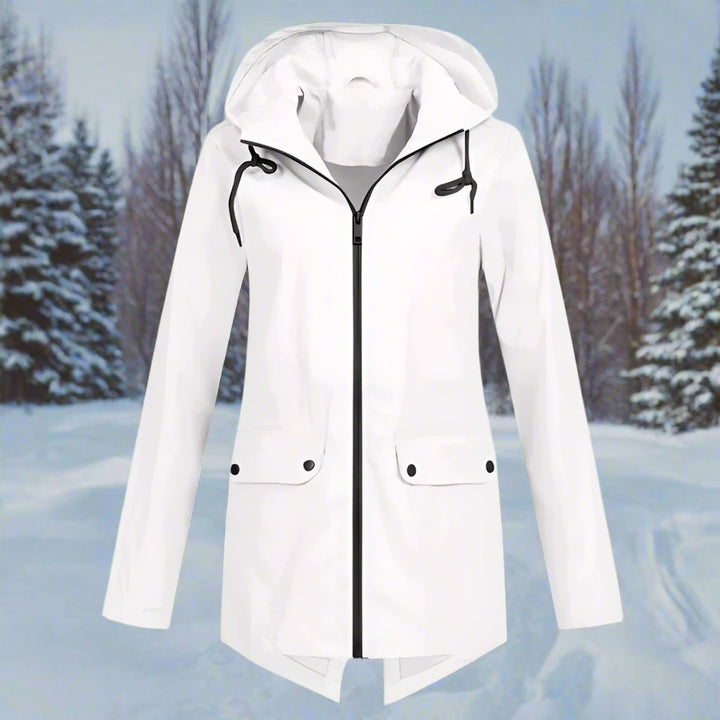 Damen Wasserdichte Kapuzen-Regenjacke mit Reißverschluss Taschen - Weiß
