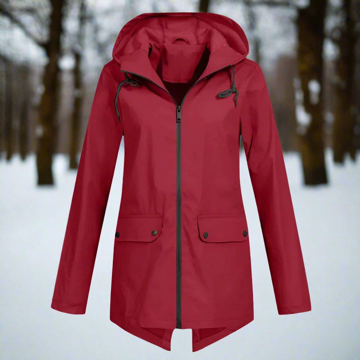 Damen Wasserdichte Kapuzen-Regenjacke mit Reißverschluss Taschen - Weinrot