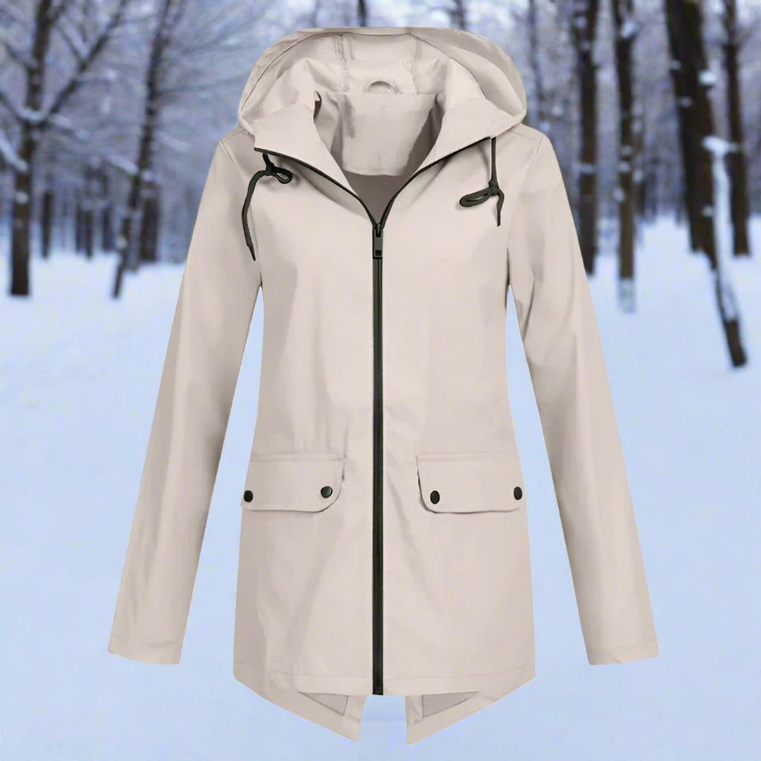 Damen Wasserdichte Kapuzen-Regenjacke mit Reißverschluss Taschen - Aprikose