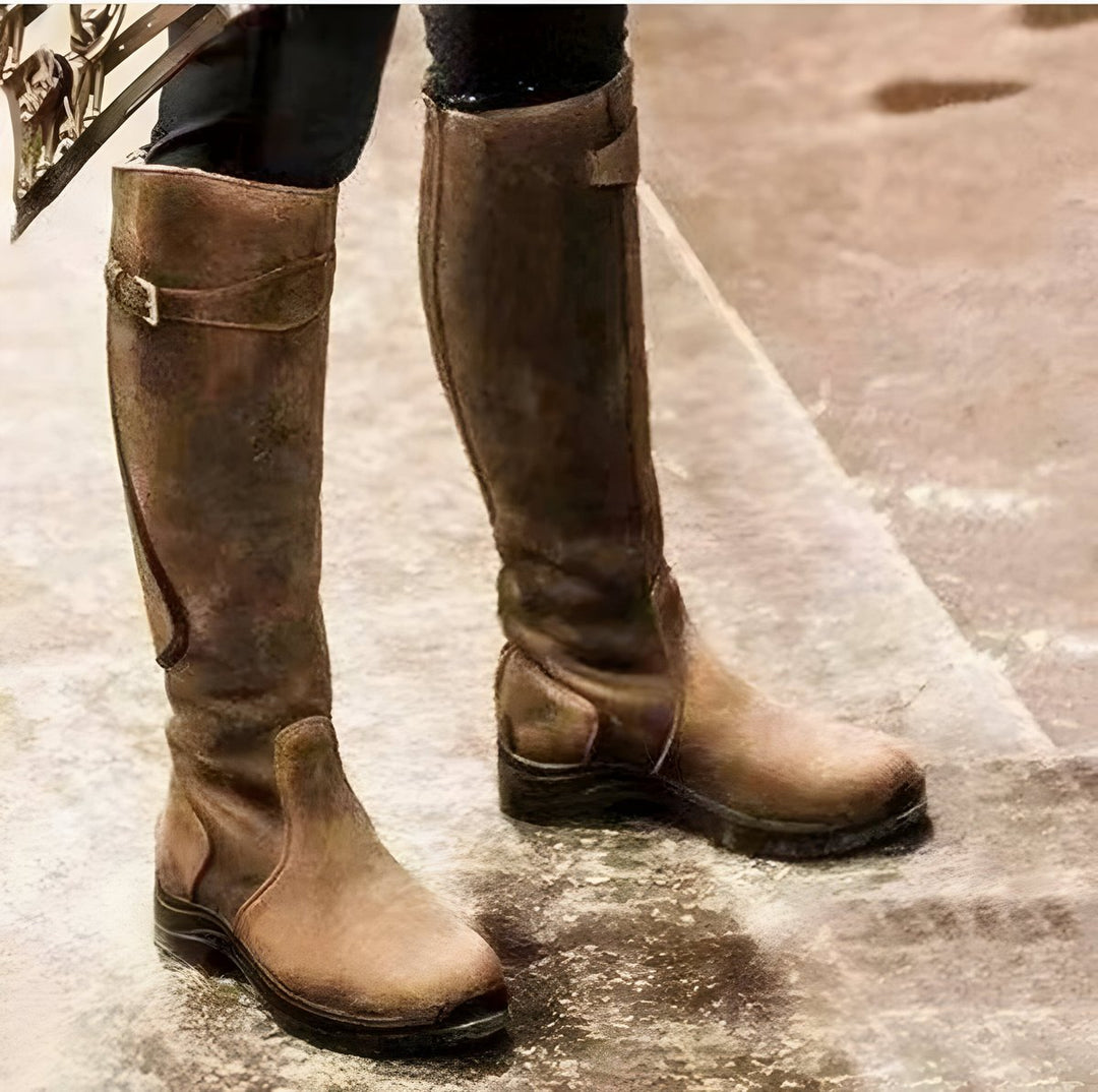 Damen Wasserdichte Kniehohe Lederstiefel mit Schnalle EU 35-43 - Braun