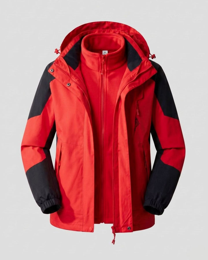 Damen Wasserdichte Outdoor-Jacke mit Kapuze Atmungsaktiv Zweilagig - Herren China-Rot (2-teilig)
