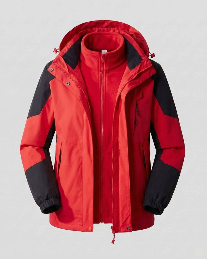 Damen Wasserdichte Outdoor-Jacke mit Kapuze Atmungsaktiv Zweilagig - Damen China-Rot (2-teilig)