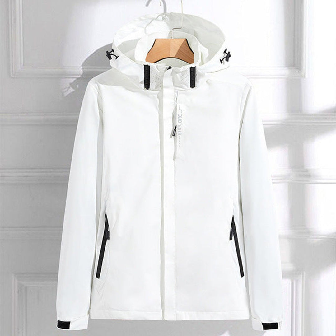 Damen Wasserdichte Regenjacke mit Abnehmbarer Kapuze Verstellbarer Passform - Weiß