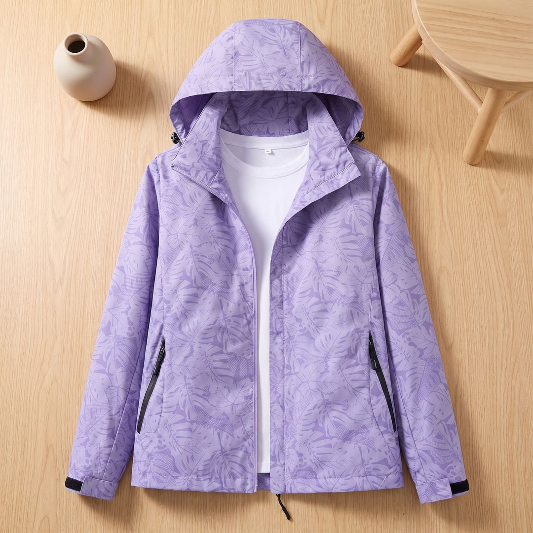 Damen Wasserdichte Windbreaker Jacke mit Kapuze Blattmuster Leicht