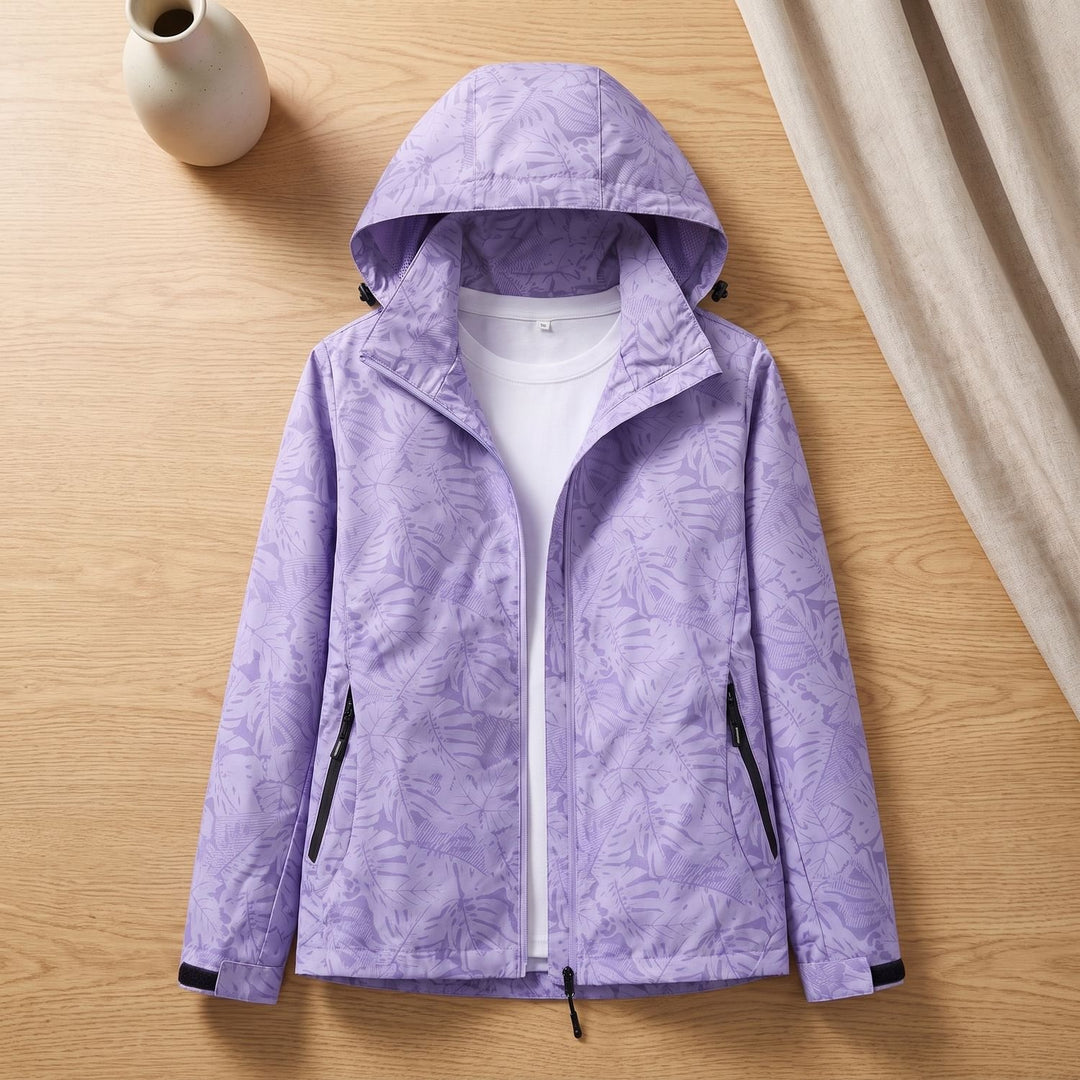 Damen Wasserdichte Windbreaker Jacke mit Kapuze Blattmuster Leicht - Lila