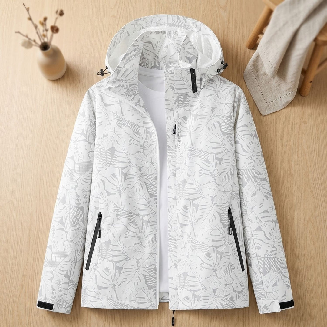 Damen Wasserdichte Windbreaker Jacke mit Kapuze Blattmuster Leicht - Weiß