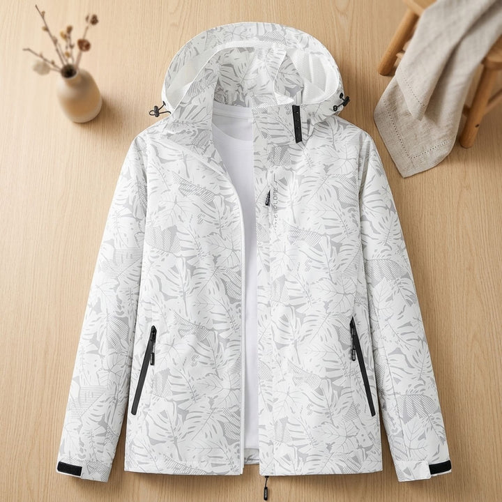 Damen Wasserdichte Windbreaker Jacke mit Kapuze Blattmuster Leicht - Weiß