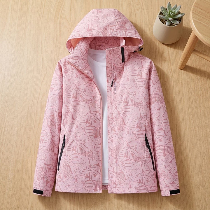 Damen Wasserdichte Windbreaker Jacke mit Kapuze Blattmuster Leicht - Hellrosa