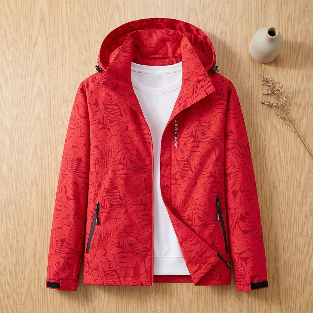 Damen Wasserdichte Windbreaker Jacke mit Kapuze Blattmuster Leicht - Rot