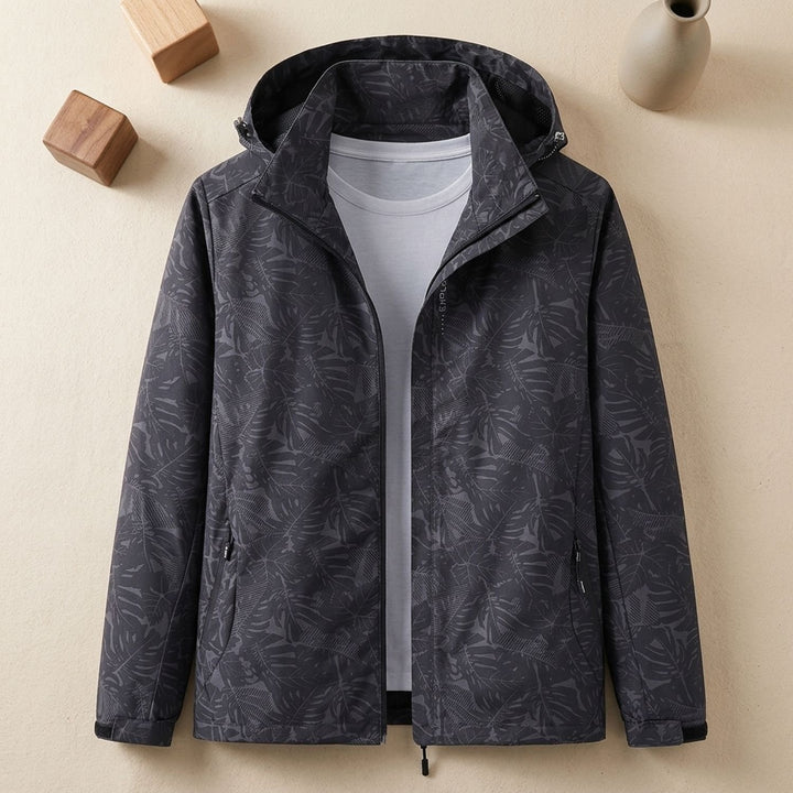 Damen Wasserdichte Windbreaker Jacke mit Kapuze Blattmuster Leicht - Schwarz