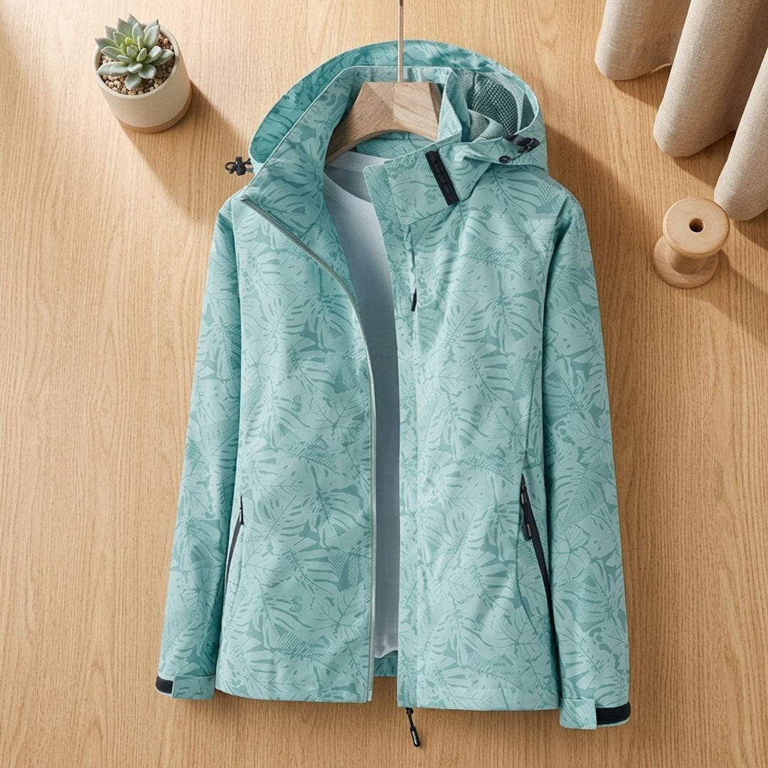 Damen Wasserdichte Windbreaker Jacke mit Kapuze Blattmuster Leicht - Türkis