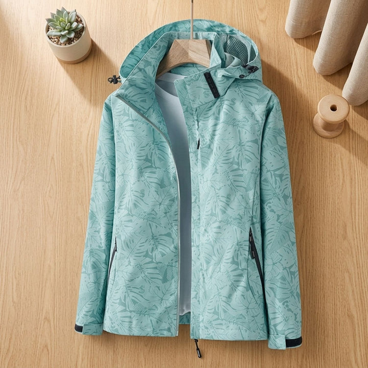 Damen Wasserdichte Windbreaker Jacke mit Kapuze Blattmuster Leicht - Türkis