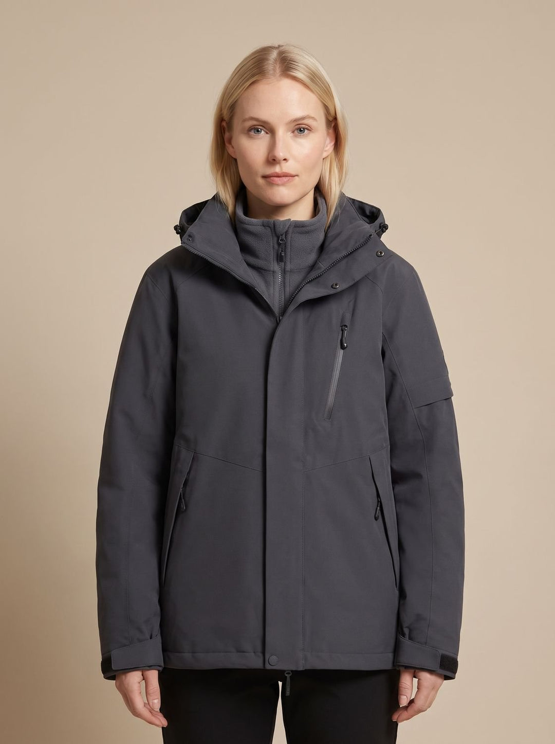 Damen Wasserdichte Winterjacke mit Abnehmbarer Kapuze Fleece-Innenkragen - Schwarz